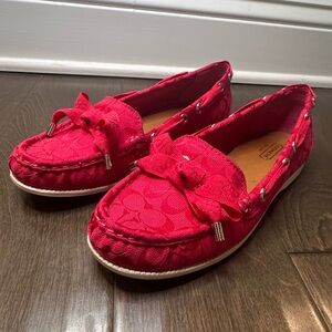 COACH Carisa Loafer Boat Shoe Fuchsia Signature C Canvas Bow Slide On Size 7.5
